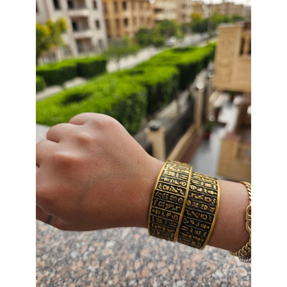 Hieroglyphic Egyptian Bangle – Handmade Black & Gold Brass Statement Cuff